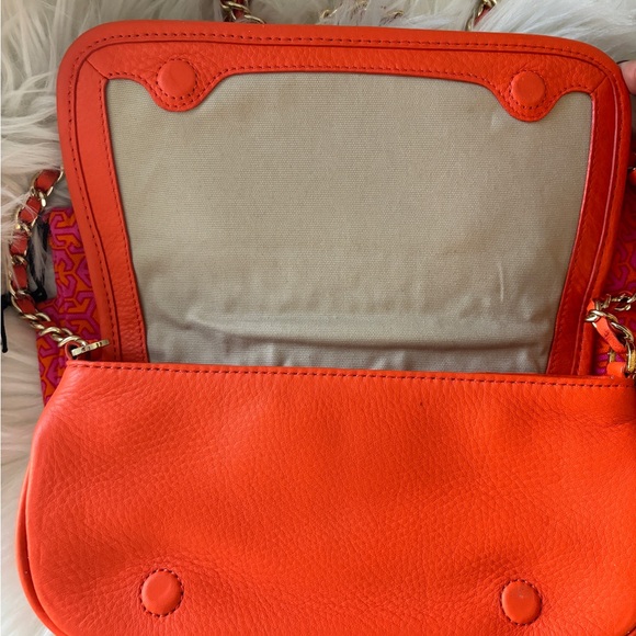 Tory Burch Raffia Orange Leather Gold Chain Pom Crossbody Bag - Picture 6 of 9